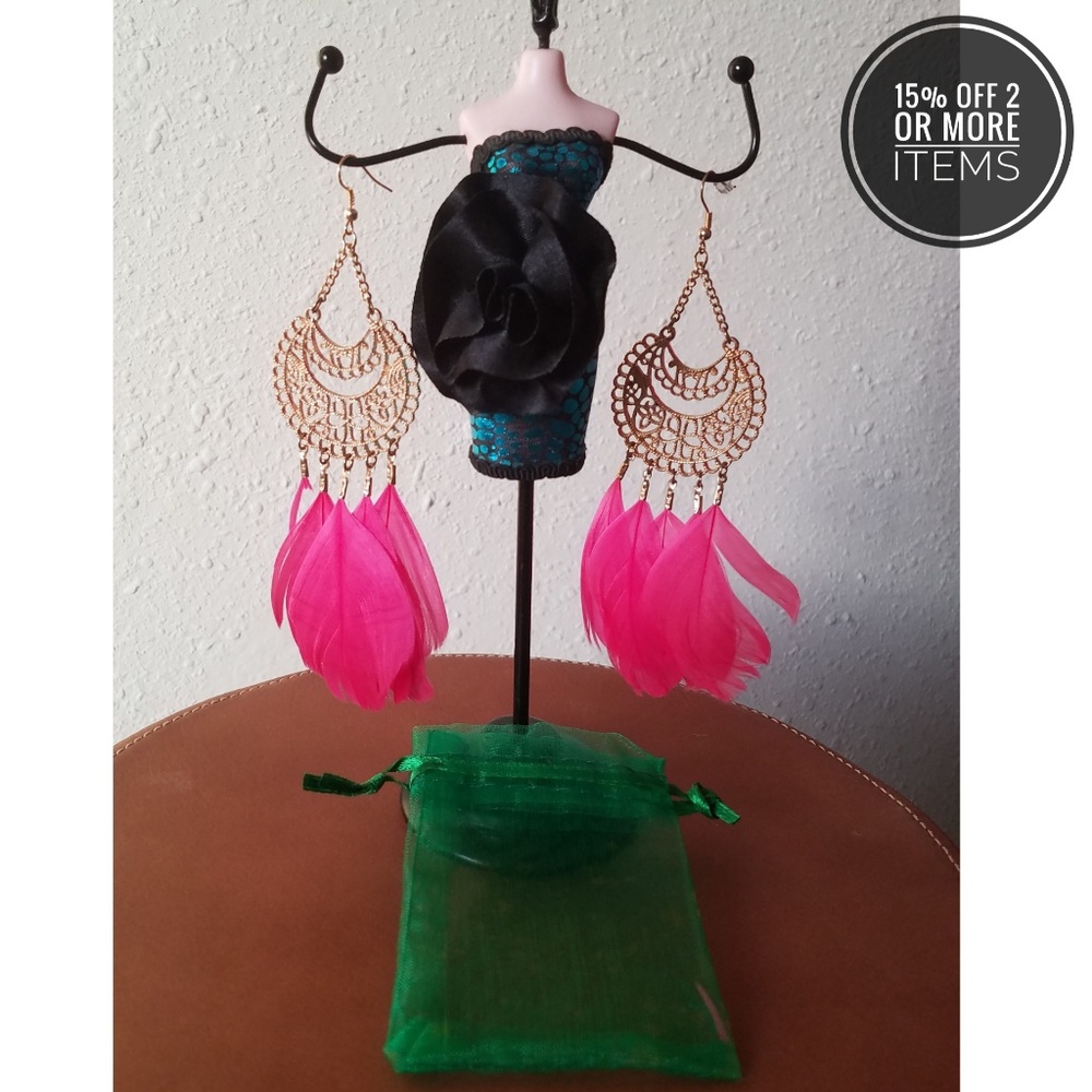 Gold Dangling Pink Feather Earrings